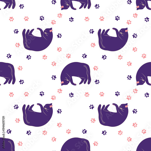 Mystical seamless pattern of cats in boho style, silhouette collection. Esotericism and mysticism, occultism. Cartoon flat vector illustrations, isolated