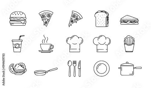 Food and Drink Line Icon Set with Meals Snacks and Kitchen Elements