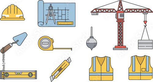 Construction engineering and architectural tool vector collection featuring a safety helmet blueprint crane trowel and professional building equipment icons.