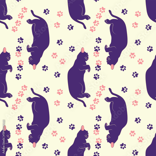 Mystical seamless pattern of cats in boho style, silhouette collection. Esotericism and mysticism, occultism. Cartoon flat vector illustrations, isolated