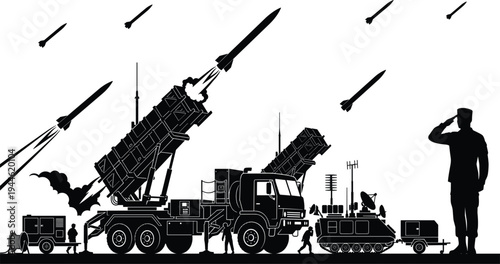 Integrated mobile surface to air missile defense system operation featuring active launch sequence radar unit and military personnel.