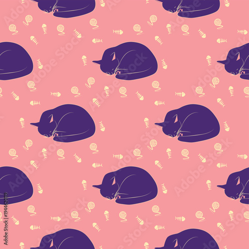 Mystical seamless pattern of cats in boho style, silhouette collection. Esotericism and mysticism, occultism. Cartoon flat vector illustrations, isolated