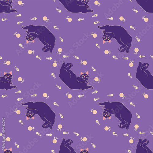Mystical seamless pattern of cats in boho style, silhouette collection. Esotericism and mysticism, occultism. Cartoon flat vector illustrations, isolated