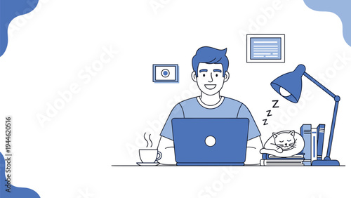 Calm illustration of a man working on his laptop at a desk with a sleeping cat and a cup of coffee in a home office environment.