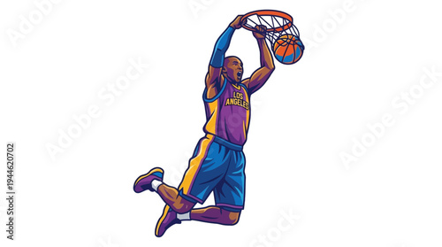 A dynamic illustration of a basketball player performing a powerful slam dunk, capturing the athleticism and excitement of the sport.