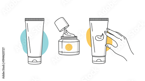 Outline illustrations of skin care tubes and jars with a hand application to represent daily beauty routines and cosmetic product use.