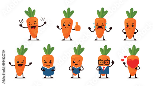Group of cute carrot vegetable characters with various expressions like happy, sad, and smart for children education and nutrition themes.