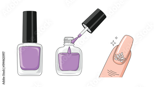 Set of purple nail polish bottles and a manicured finger with a floral design to represent beauty salons and manicure services.