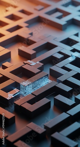 3D maze with glowing blue wireframe path through dark brown blocks