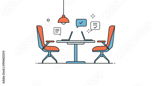 Business meeting illustration featuring two orange chairs at a table with laptops and communication speech bubble icons.