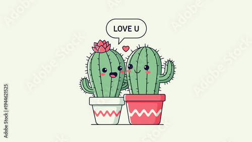 Adorable cartoon illustration of two cacti in pots showing love with a speech bubble text that says love you on a light background.