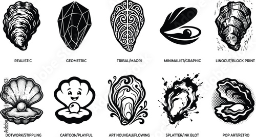 Collection of oyster shell and pearl icon styles including realistic, geometric, tribal, minimalist, linocut, cartoon, art nouveau, pop art and ink splatter vector set