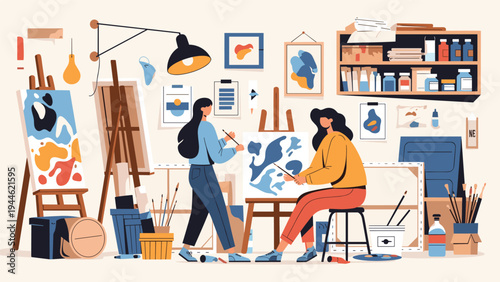 Creative art studio workspace with two women focused on painting abstract colorful compositions on canvases amidst various art supplies.