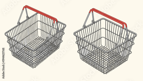 Two perspective views of empty metal wire shopping baskets with red plastic handles isolated against a clean neutral off-white background.