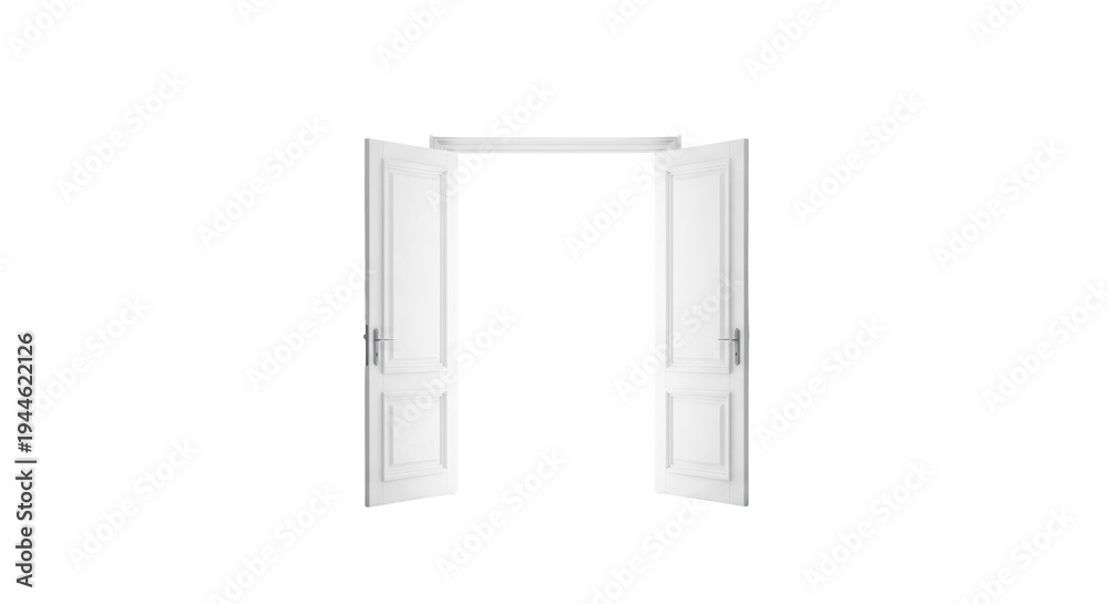 Fototapeta premium classic white double doors, highly detailed, open wide and centered in a stark, minimalist white room. intense directional light shaft leads to a blinding white void. concept of new beginnings and