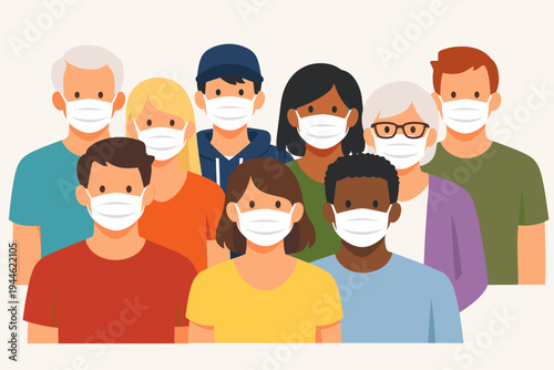 Diverse Group of People Wearing Protective Medical Face Masks for Virus Prevention and Safety, Flat Vector Illustration of Men and Women in Surgical Masks for Public Health Awareness and Pandemic