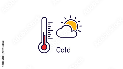 Weather forecast icon with a thermometer showing low temperature next to a sun and cloud signifying cold conditions.