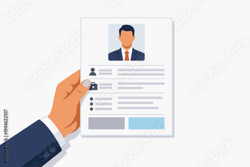 Hand of a businessman holding a professional CV resume profile of a candidate for job application and recruitment. Flat vector illustration for human resources, hiring, and career development.