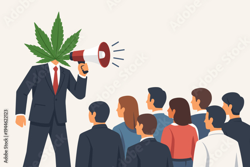 Businessman with Cannabis Leaf Head Shouting into Megaphone at Crowd, Vector Illustration of Marijuana Legalization, Advocacy, Corporate Weed Marketing, and Social Drug Policy Reform