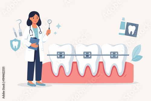 Female dentist standing next to teeth with dental braces. Professional orthodontist holding a dental mirror and clipboard. Concept of oral health, orthodontic treatment, and dental care vector.