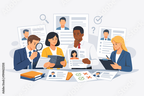Professional HR team analyzing resumes and CVs of job applicants for a vacancy, diverse businesspeople evaluating candidates for hiring, talent acquisition and recruitment process illustration.