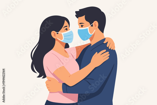 Vector Illustration of a Loving Couple Wearing Protective Face Masks Hugging and Looking into Each Other's Eyes, Concept of Romance and Intimacy During the COVID-19 Pandemic and Social Distancing