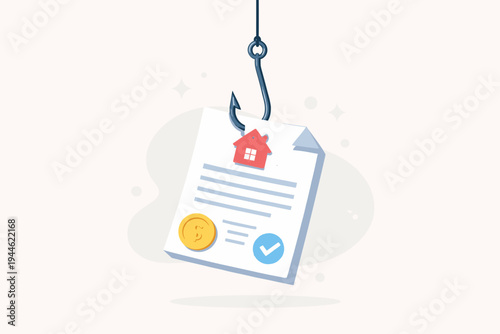 Vector Illustration of a Mortgage Document with a House Icon and Dollar Coin Hanging on a Fishing Hook, Representing Real Estate Scams, Predatory Lending Traps, Financial Bait, and Property Fraud