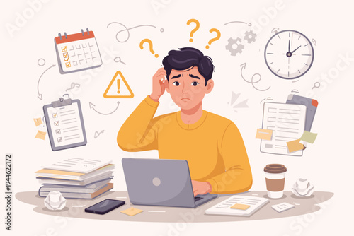 Stressed man sitting at office desk with laptop feeling overwhelmed by tasks and deadlines, confused male employee with question marks, clock, and calendar symbols, flat vector illustration.