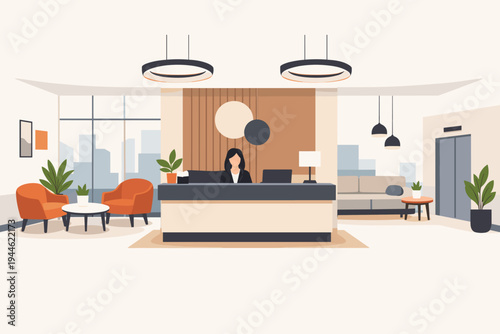Modern Hotel Reception Lobby Illustration with Professional Female Receptionist at Front Desk, Contemporary Waiting Area with Orange Armchairs, Sofa, Potted Plants and City View Background.