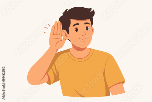 Simple flat vector illustration of a young man cupping his hand behind his ear to listen carefully. Concept of hearing, paying attention, eavesdropping, or listening to secrets on a light background.