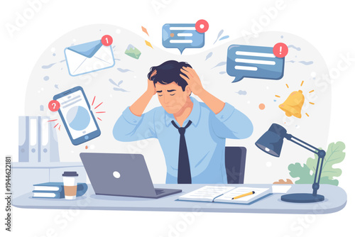 Stressed businessman overwhelmed by digital notifications, emails, and messages while working at his desk with a laptop. Illustration of information overload, burnout, and workplace anxiety.