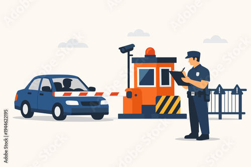 Security guard in uniform checking a blue car at a gated entrance checkpoint with a barrier arm, security booth, surveillance camera, and clipboard for access control and safety monitoring.