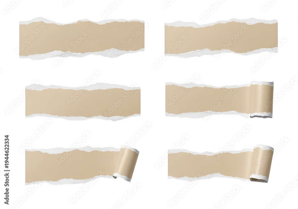 Fototapeta premium Six crumpled brown paper strips arranged in two rows isolated on transparent background