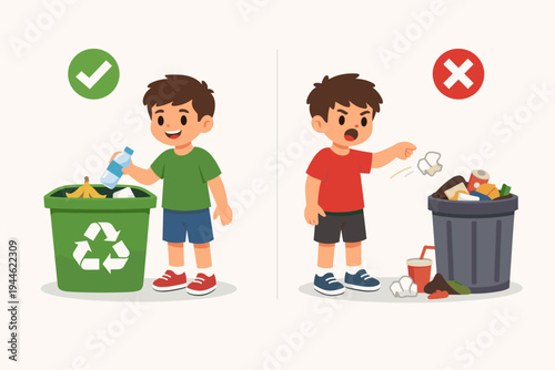Educational Vector Illustration of Two Boys Demonstrating Correct and Wrong Ways to Dispose of Garbage: One Recycling Plastic in a Green Bin and Another Littering into an Overflowing Trash Can