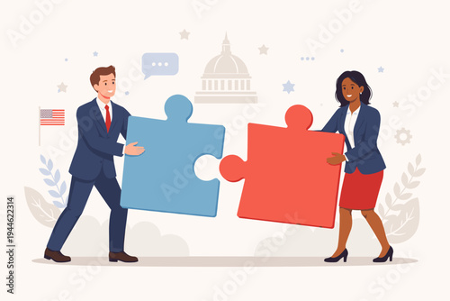 Bipartisan Cooperation Concept with Male and Female Politicians Joining Blue and Red Puzzle Pieces in Front of US Capitol Building, Symbolizing Unity, Agreement, and Political Problem Solving Vector