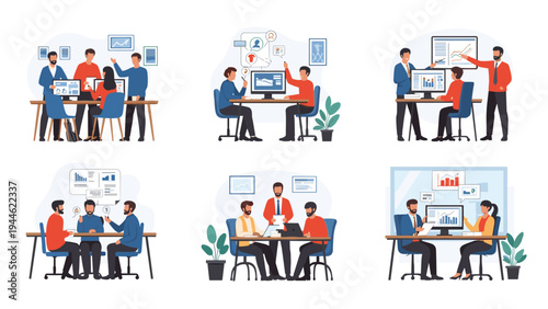 Collaborative business teams work together in a modern office environment using computers and analyzing data charts.