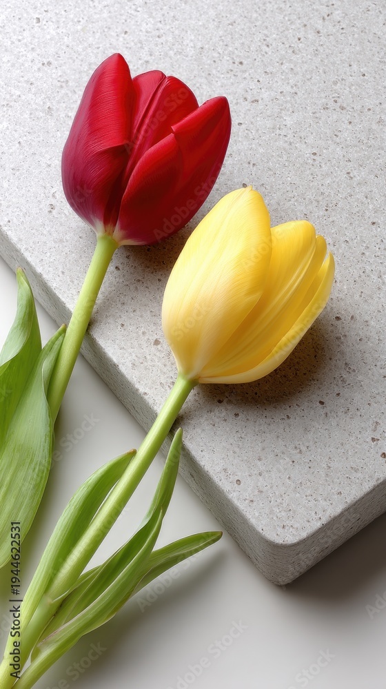 Fototapeta premium Colorful tulips on a gray surface with space for text, perfect for spring promotion or decoration ideas