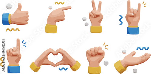 Hand Gestures Collection with Thumbs Up, Peace, Rock On, Pointing, and Heart Shape, Cute Emoji Style