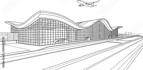 Modern airport terminal wide angle architectural perspective featuring triple wave grid roof and glass curtain wall facade in technical line art.
