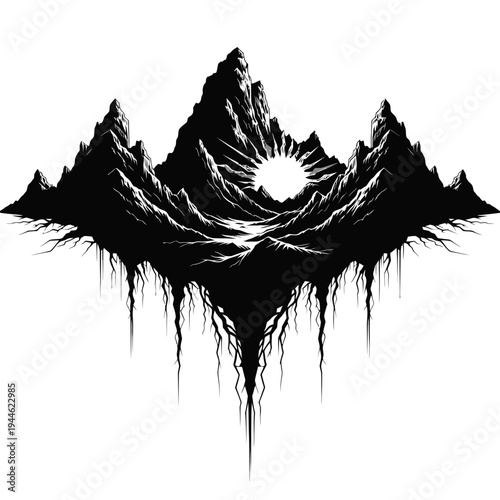 Dramatic vector silhouette illustration of a majestic mountain range at dawn, featuring a radiant sunburst emerging between jagged peaks in a dark art style that evokes a powerful, mystical landscape