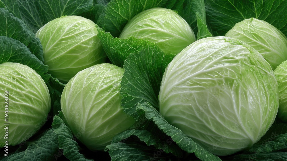Fototapeta premium Cabbages grow in a bright garden, showcasing fresh green produce in abundance during the peak of the growing season