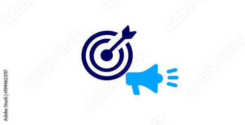 Marketing promotion targeting concept flat icon design style. target board, arrow accuracy, megaphone communication, digital advertising, strategy focus, business growth