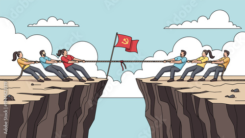 Two diverse teams participate in a competitive tug of war over a deep rocky canyon during a dramatic sunset.