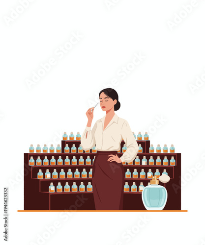 Woman organizing essential oil bottles in wooden shelf vector illustration flat design
