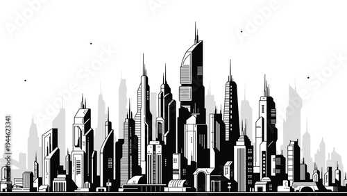Black and white silhouette of a futuristic metropolis features soaring skyscrapers and advanced urban structures.
