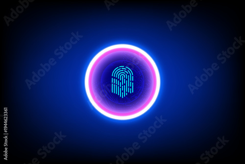 Glowing fingerprint scan icon centered in neon circular frame on dark blue background, representing biometric security, digital identity verification and futuristic cybersecurity technology interface.