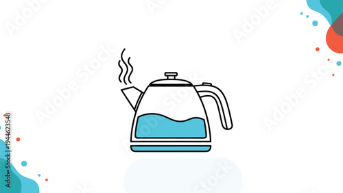 Modern electric kettle illustration with steam rising from the spout against a clean decorative abstract background.