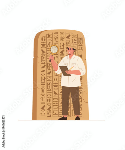 Egyptian scholar studying ancient hieroglyphs vector illustration flat design