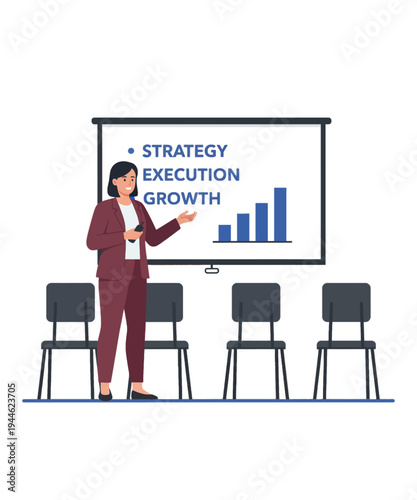 Business woman presenting strategy execution growth chart in modern office vector illustration