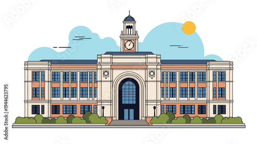 Classic university building with a grand entrance and a central clock tower stands under a bright sunny sky.